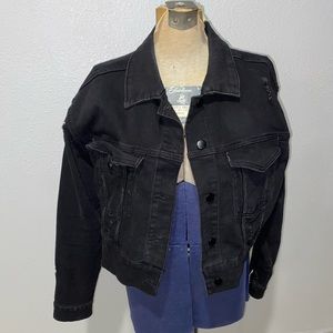Black stretch cropped jean jacket womens